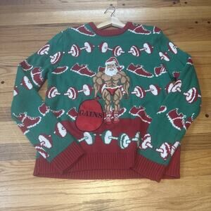 Blizzard Bay Santa Claus Weight Lifting Gains Green Ugly Christmas Sweater Sz L